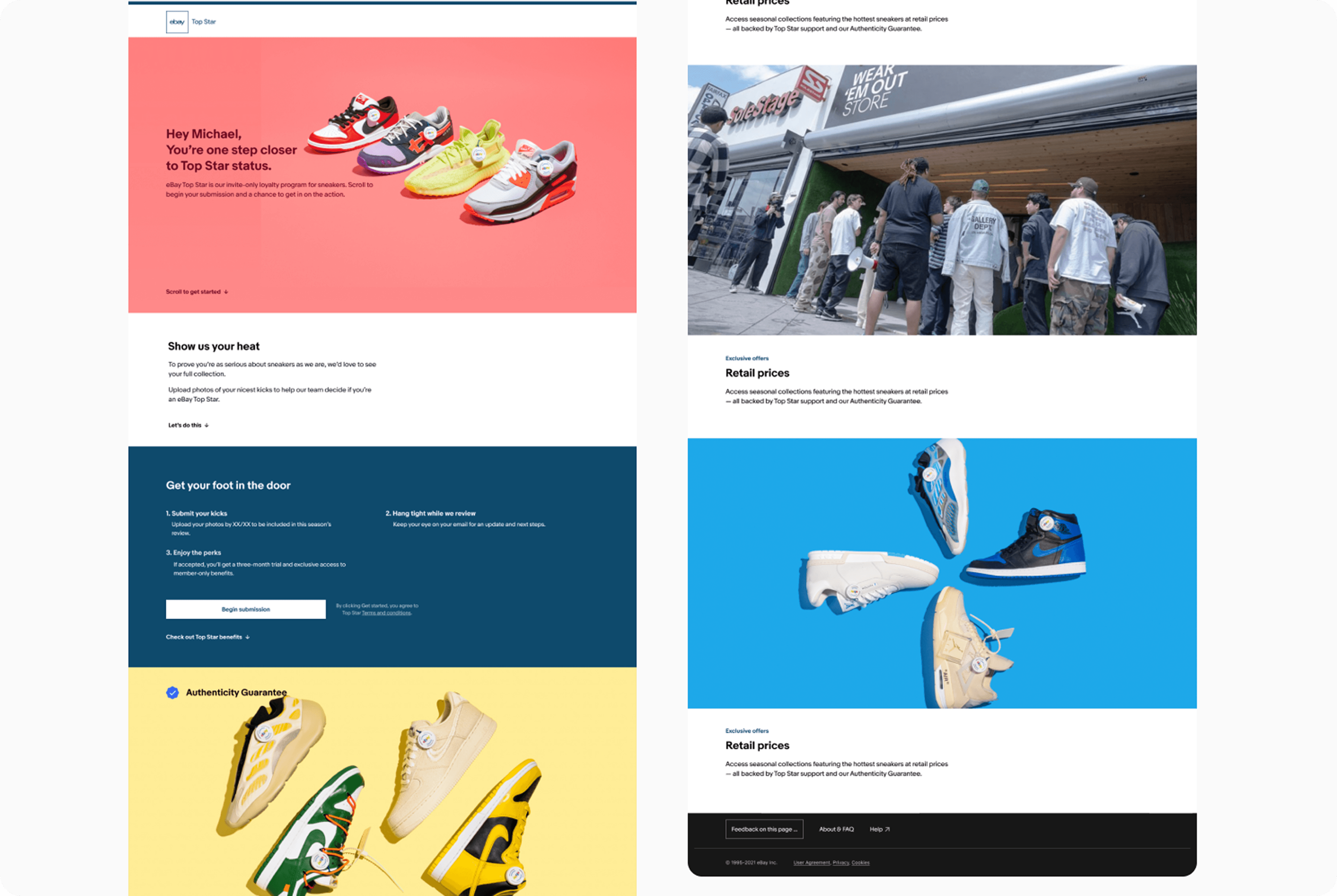Four screens from the eBay Top Star onboarding experience showing the invitation, collection submission, benefit summary, and confirmation steps