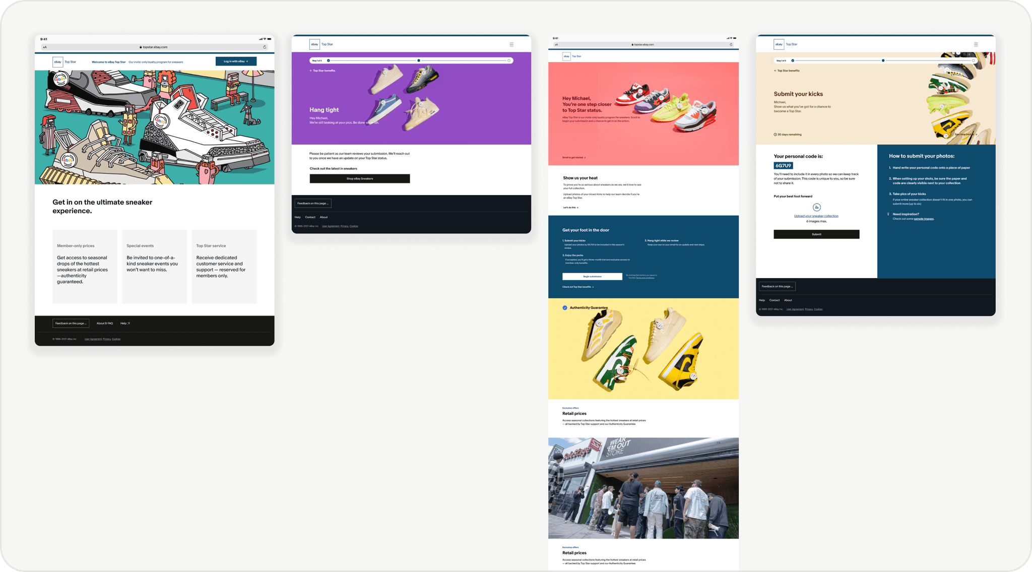 eBay Top Star onboarding screens showing invitation, show us your heat collection submission, program benefits, and authenticity guarantee