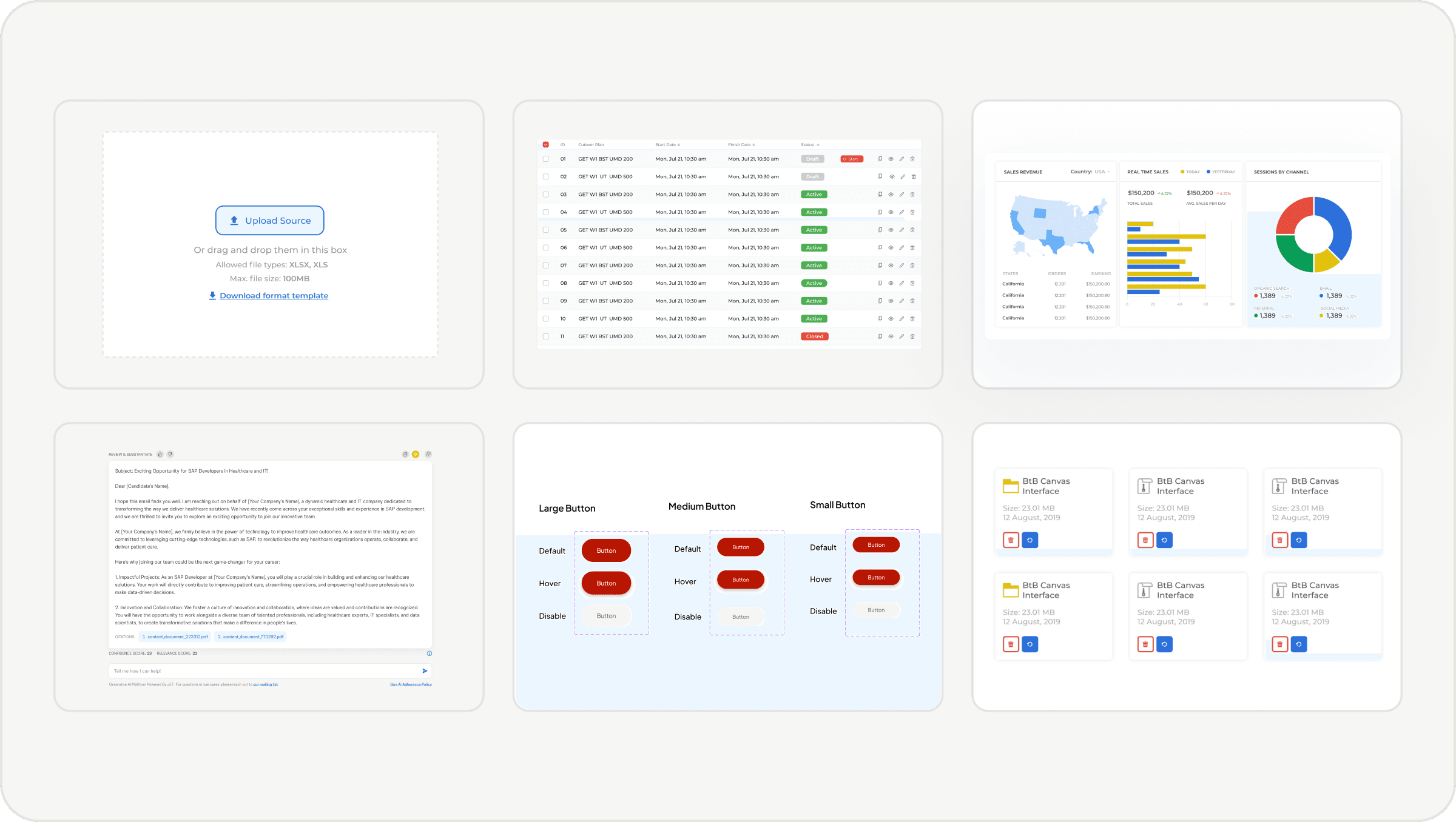 Grid of six J&J internal tool screenshots showing design system consistency across different application types