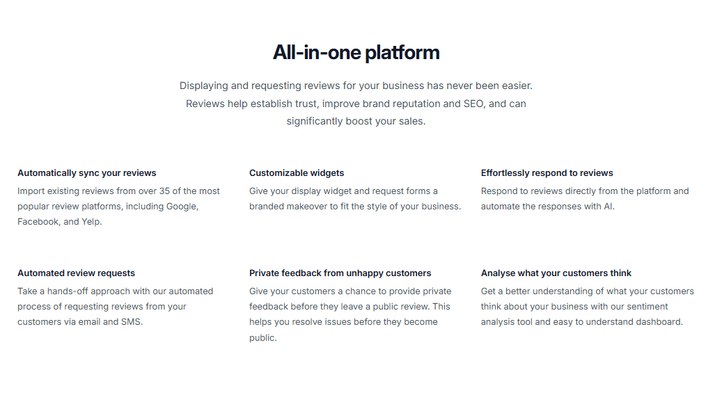 ReviewsRight features section showing the all-in-one platform capabilities including automation, sync, and analytics