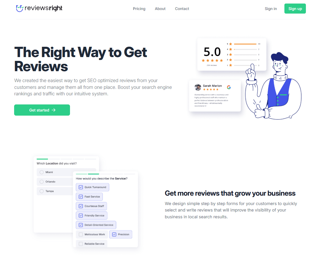 ReviewsRight homepage showing the reputation management platform for local businesses